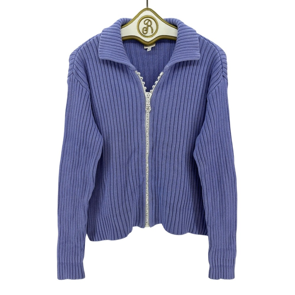 Vintage Y2K Ribbed Zip Up Sweater L Rhinestone Zipper Purple Cute Fitted Cozy‎